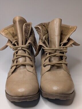 Z London Floral Lace Fold-Over Ankle Boots Cottagecore Natural Tan Size 7
